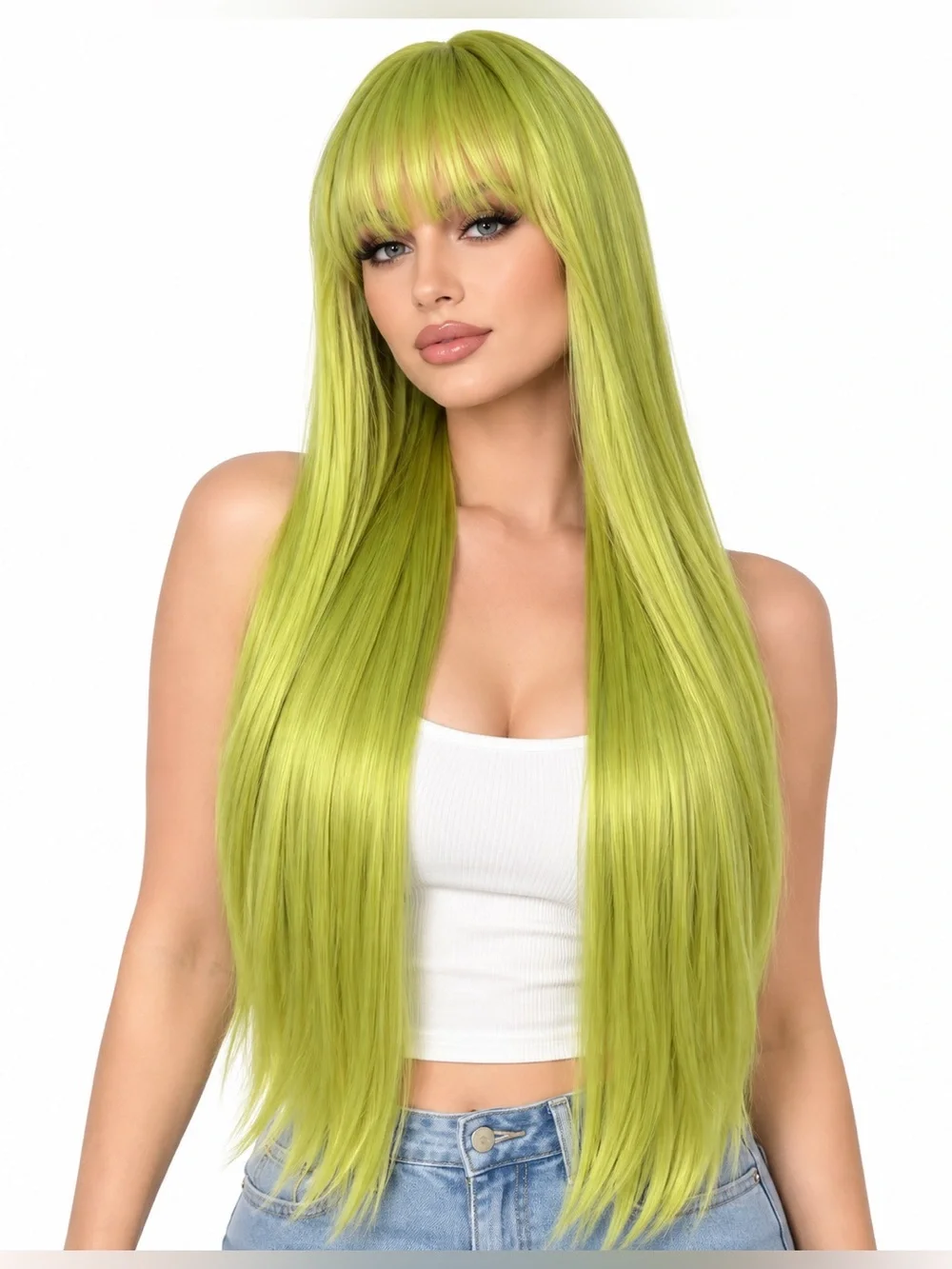 Long Straight Fringe Wig in Lime Green -28 inches long